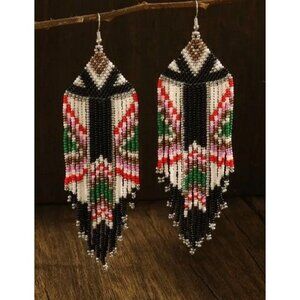 Handmade Long Beaded Tassel Earrings Large Native Bohemian